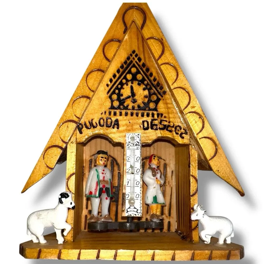 Vintage Romanian Wooden Weather House Chalet Thermometer Folk Art Decor